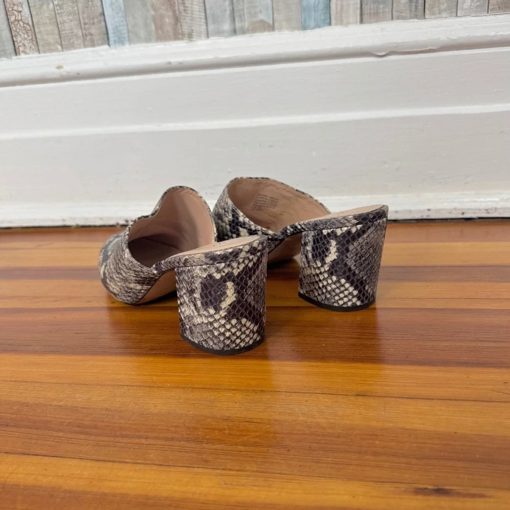 J Crew Sophie Mule Snakeskin Leather Block Heel Slip On Shoes Gray Pointed Toe 8